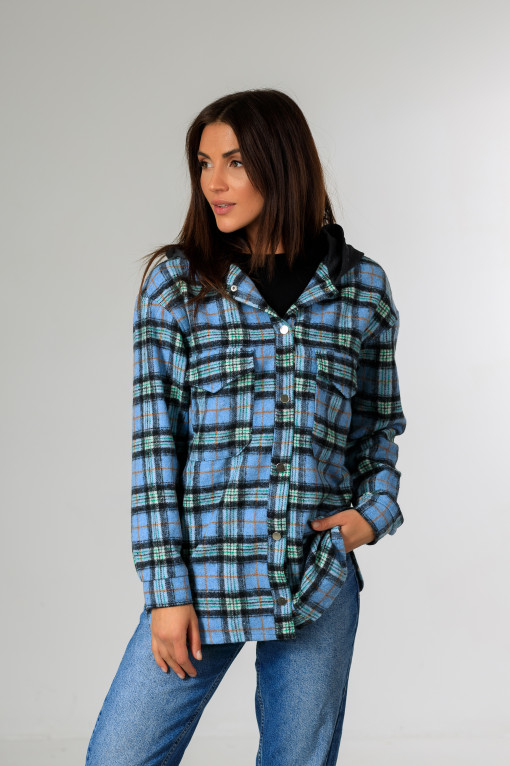 Кардиган-сорочка з капюшоном в клітинку Р951 блакитний