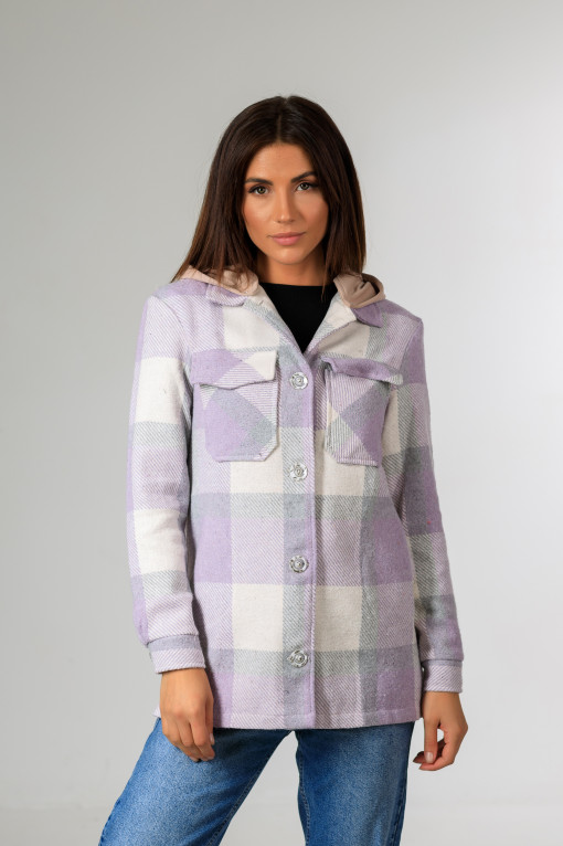 Кардиган-сорочка з капюшоном в клітинку Р948 темно фіолетовий
