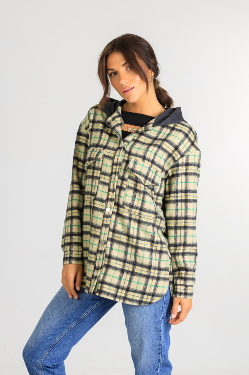 Кардиган-сорочка з капюшоном в клітинку Р951 бежевий