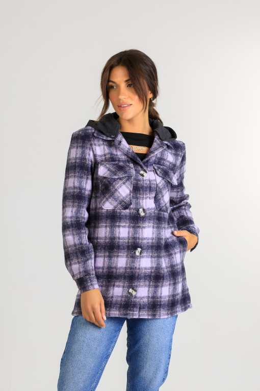 Кардиган-сорочка з капюшоном в клітинку Р948 темно фіолетовий