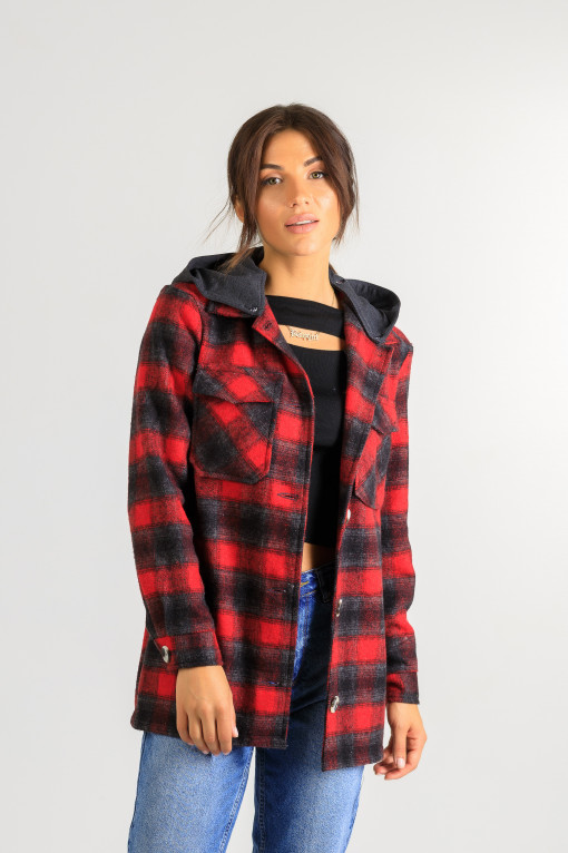 Кардиган-сорочка з капюшоном в клітинку Р948 червоний