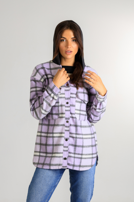 Кардиган-рубаха с капюшоном в клетку Р951 фиолетовый