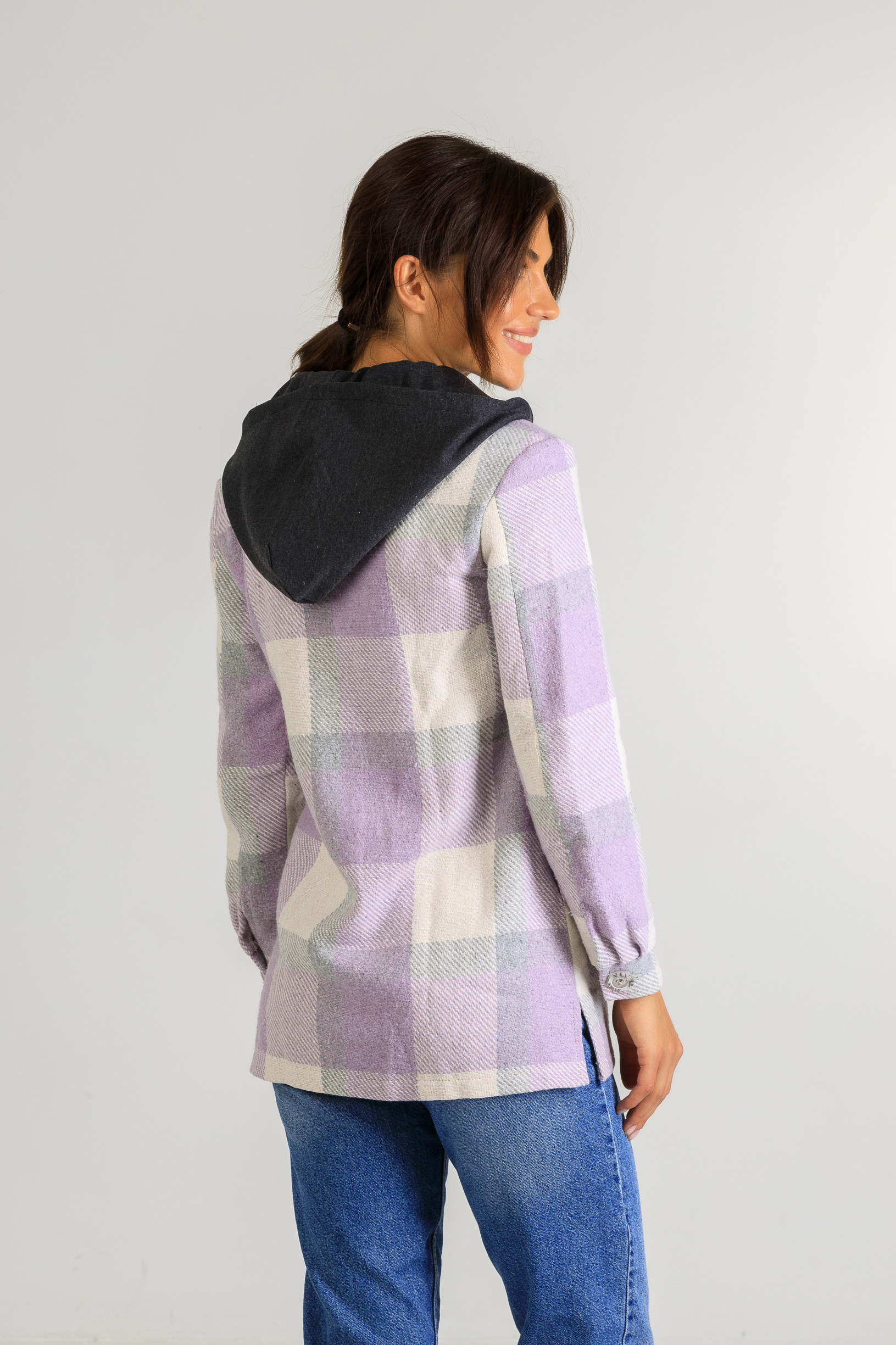 Кардиган-рубаха с капюшоном в клетку Р948 фиолетовый