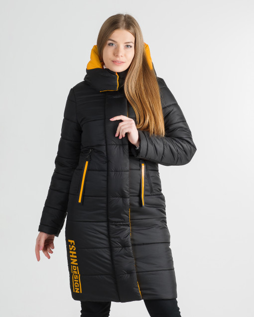 Зимнее молодёжное пальто чёрное с жёлтым Шерон