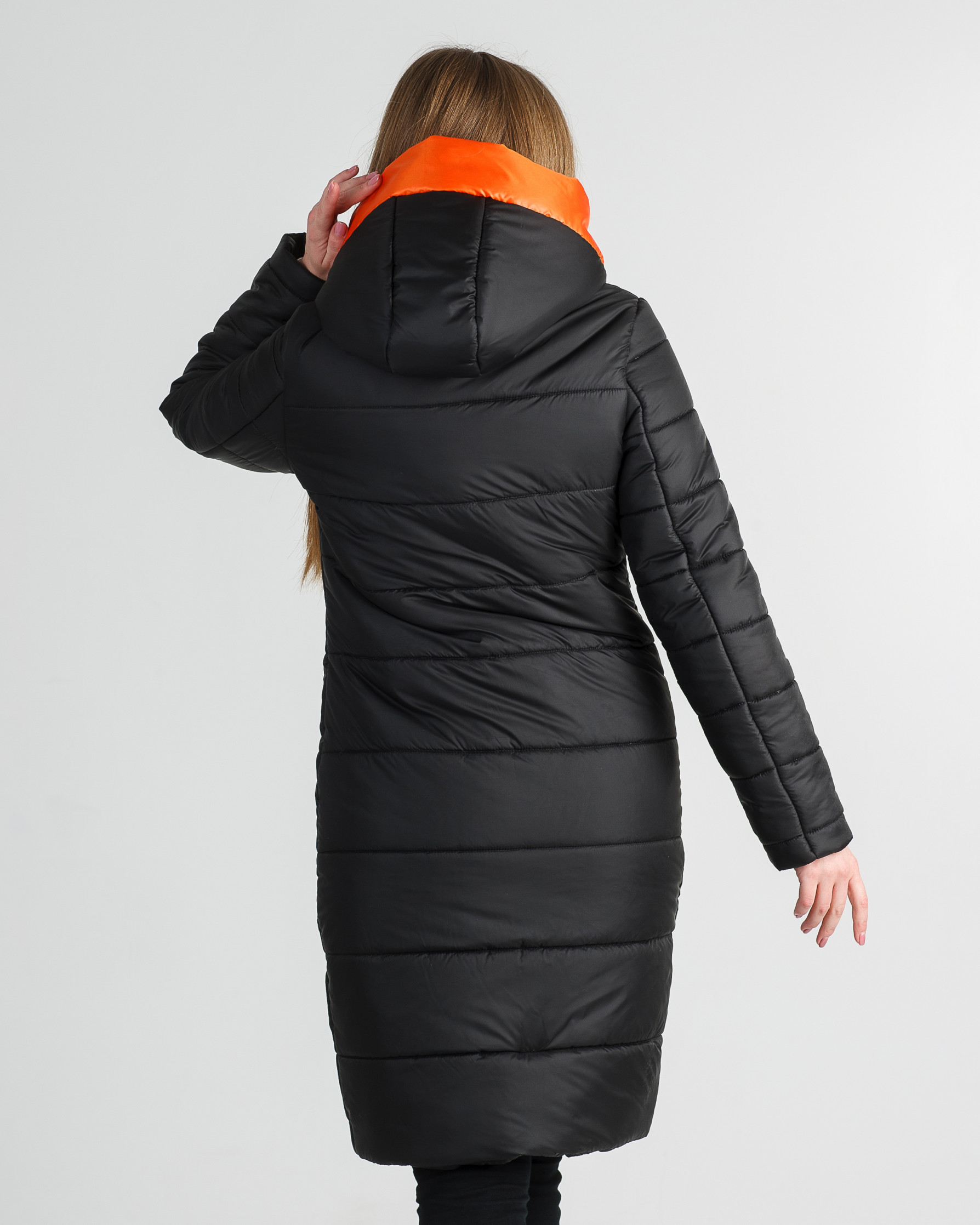 Зимнее молодёжное пальто чёрное с оранжевим Шерон