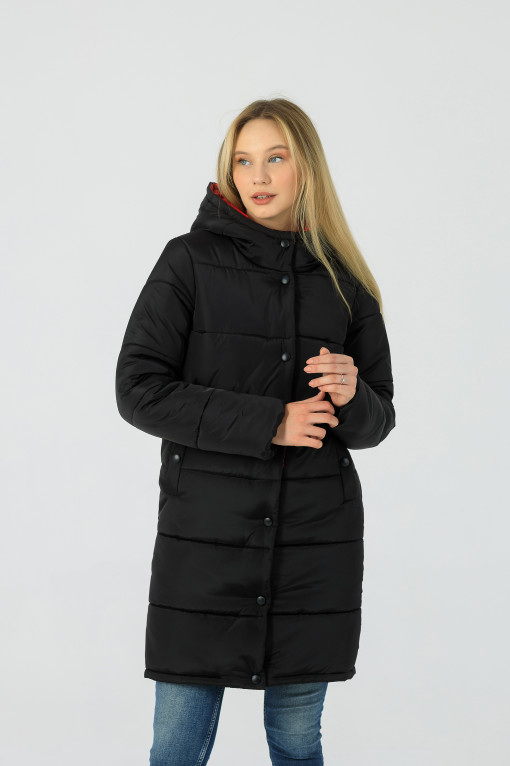 Зимняя удлинённая куртка чёрного с красным цвета Фреди