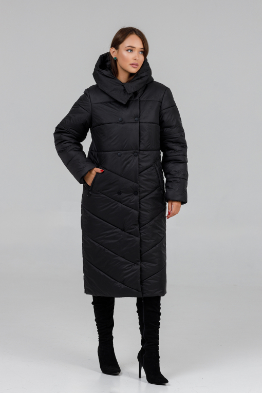 Зимове жіноче пальто під пояс чорне