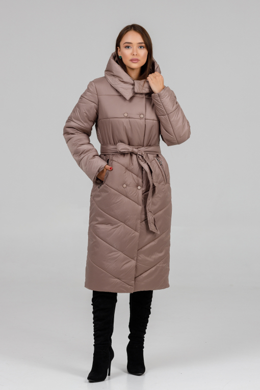 Зимове жіноче пальто під пояс бежеве