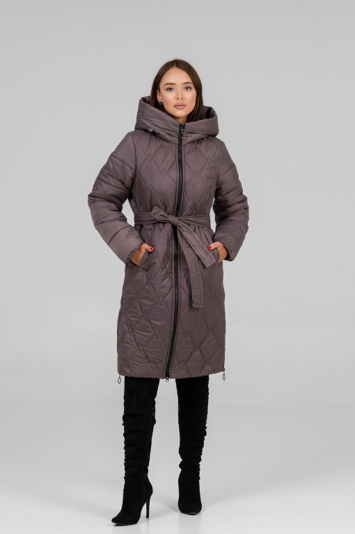 Зимове жіноче пальто під пояс шоколадного кольору