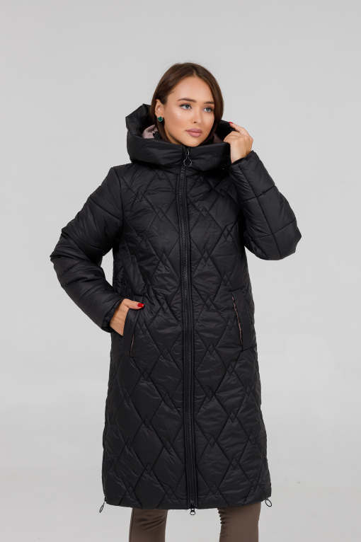 Зимове жіноче пальто під пояс чорного кольору