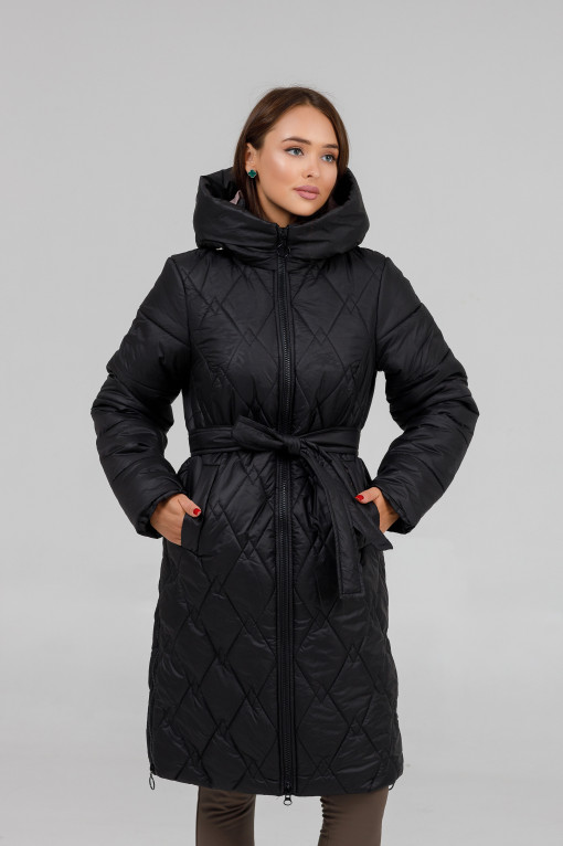 Зимове жіноче пальто під пояс чорного кольору