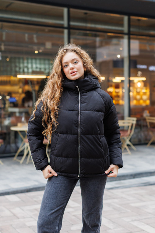 Зимовий молодіжний пуховик КП-346 чорного кольору з бархатистої тканини