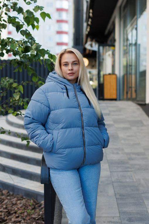 Зимовий пуховик КП-315 джинсового кольору з бархатистої тканини