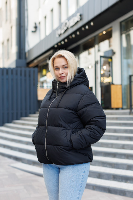 Зимовий пуховик КП-315 чорного кольору з бархатистої тканини