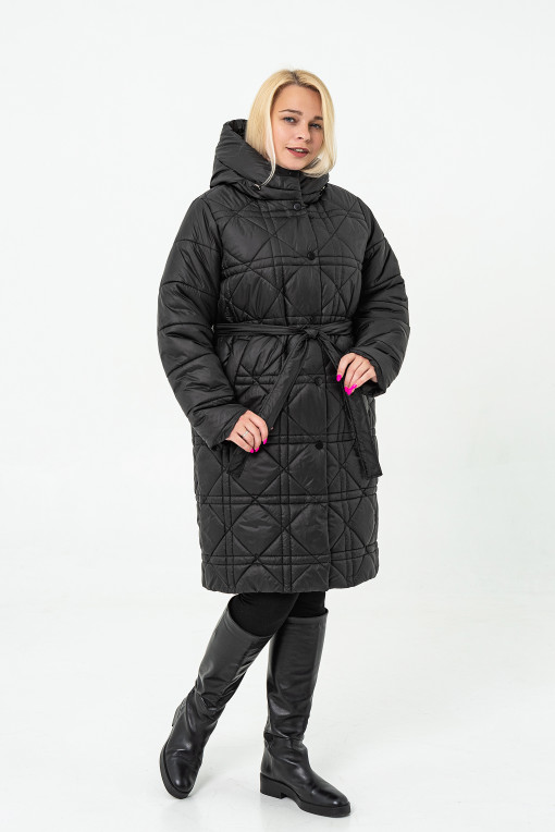 Зимове жіноче пальто збільшеного розміру під пояс чорне