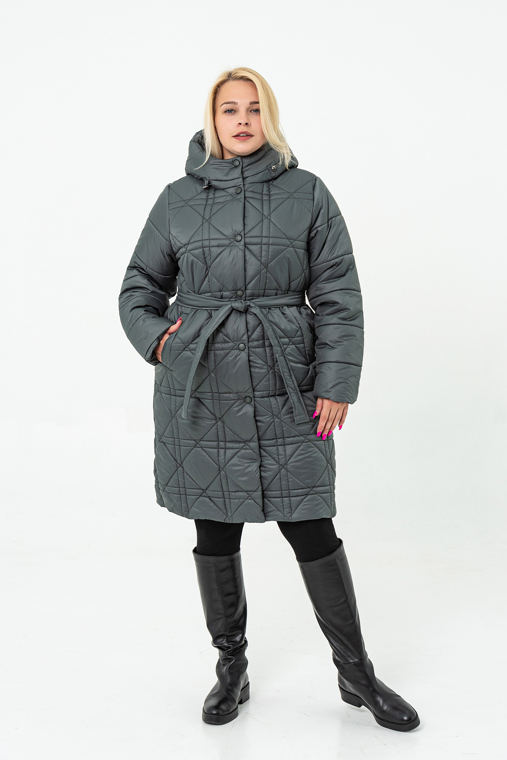 Зимове жіноче пальто збільшеного розміру під пояс смарагд