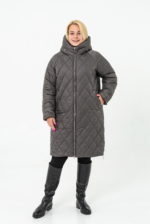 Зимове жіноче пальто збільшеного розміру під пояс графіт