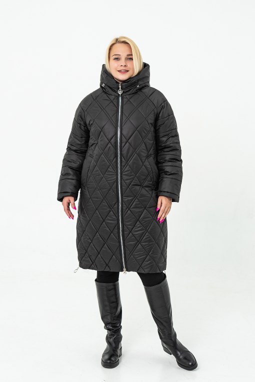 Зимнее женское пальто большого размера под пояс чёрное