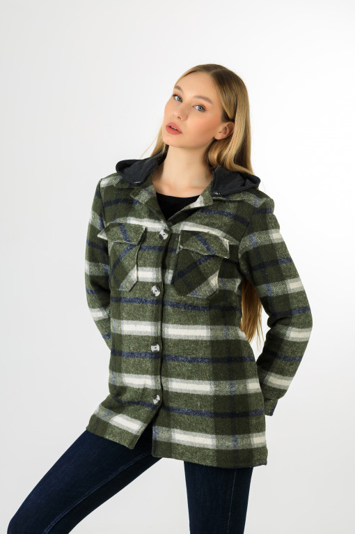 Демісезонне пальто сорочкового крою зелене в клітинку